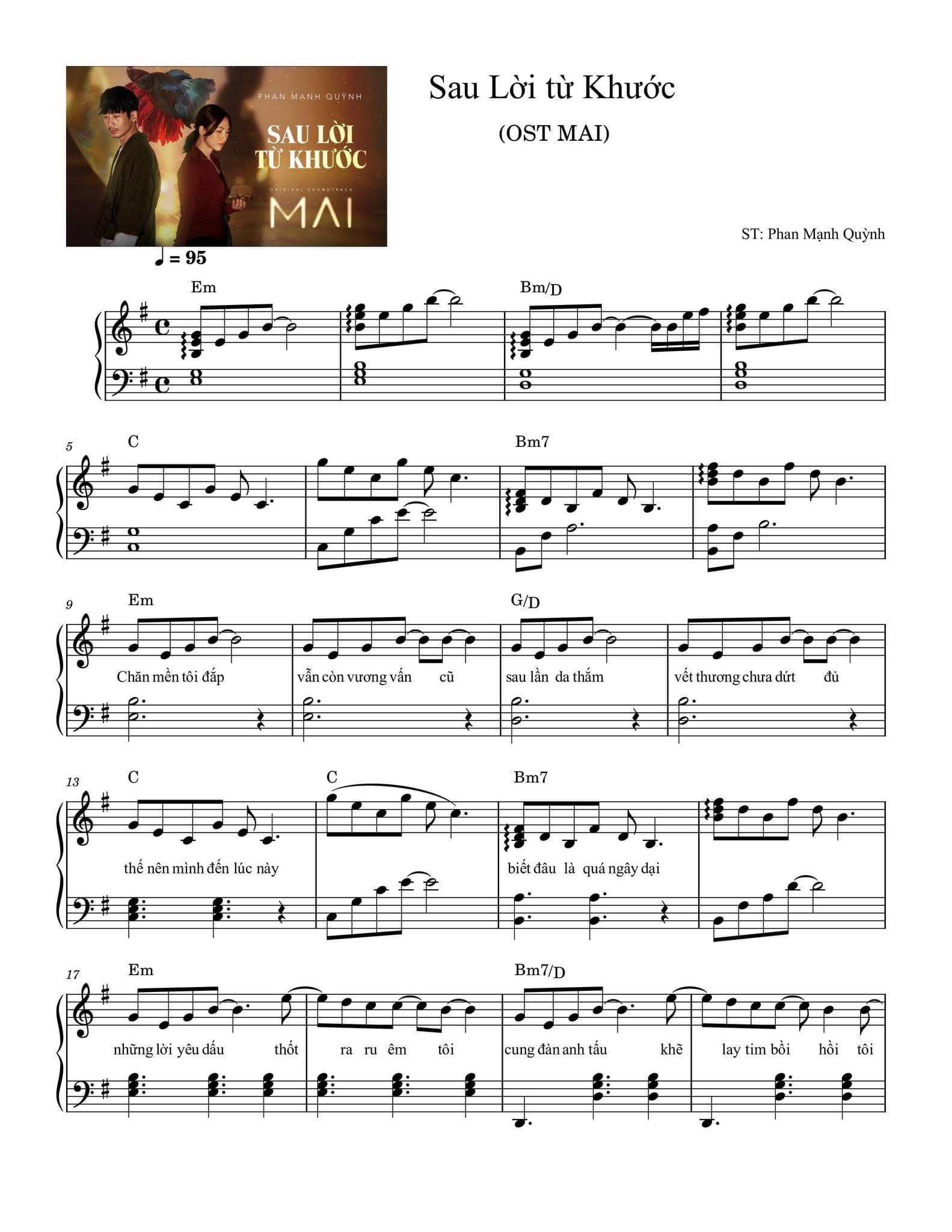 Sheet piano Sau Lời Từ Khước Phan Mạnh Quỳnh (Nhạc phim Mai OST)